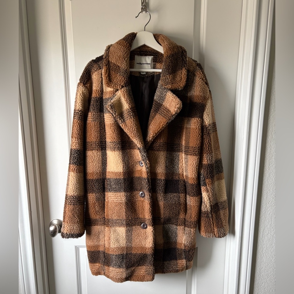 American Eagle Outfitters Brown Plaid Teddy Jacket